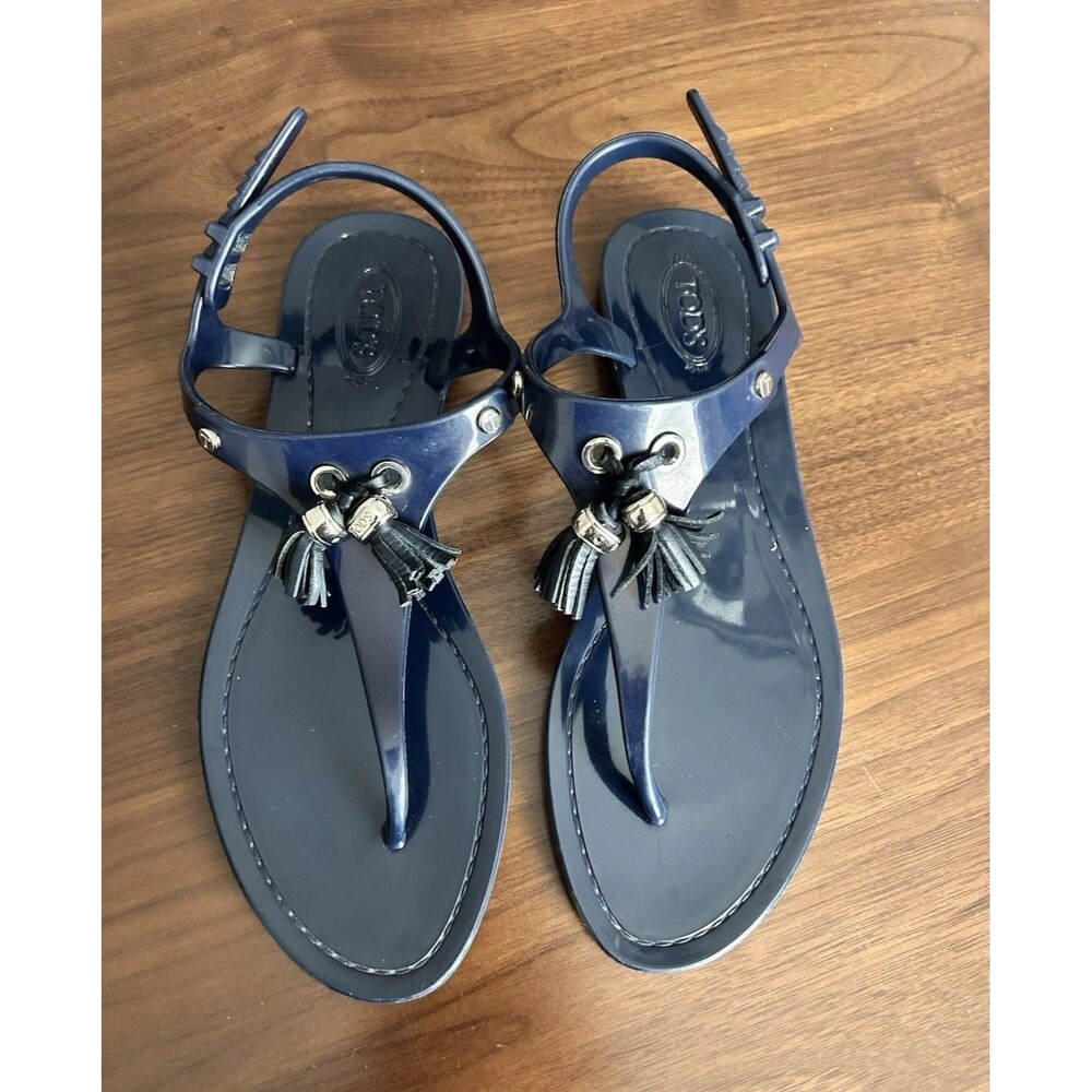 Tod's Women’s Blue Synthetic Thong Flat Sandals Ankle Strap Buckle US 7